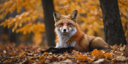 AI Generated. Peaceful fox rests under vibrant autumn leaves, creating a serene and picturesque fall scene in nature's embraceの素材