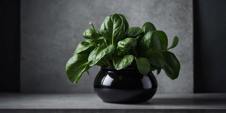 AI Generated. Fresh spinach leaves in a stylish black vaseの素材