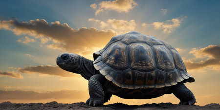 AI Generated. Double exposure silhouette of a Galapagos tortoise with the sky nature in the backgroundの素材