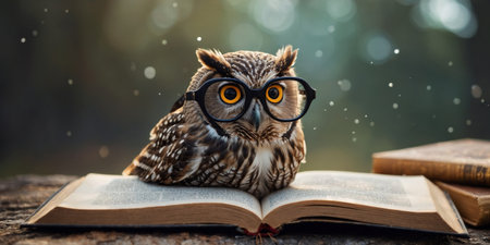 AI Generated. An ultra high-definition image of an owl wearing glasses, engrossed in a book, provides a whimsical yet intellectual theme, ideal for educational and literary conceptsの素材