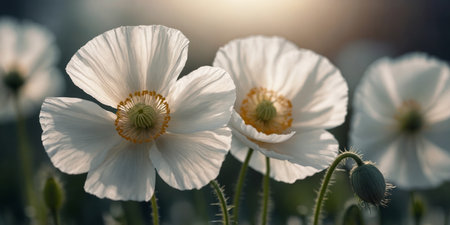 AI Generated. White poppy in soft light with translucent petalsの素材