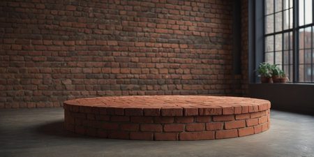 AI Generated. Minimalist red brick room with a round stage platform Perfect for backgrounds, presentations, or creative projectsの素材