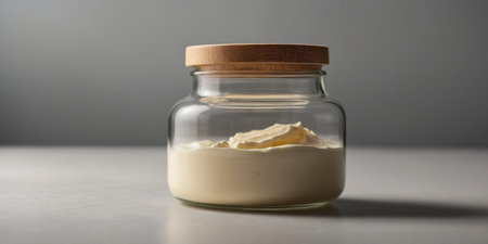 AI Generated. Simple and elegant glass jar with creamy contents and wooden lid on a light background Perfect for minimalistic and natural presentationsの素材