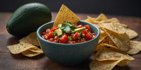AI Generated. Fresh Mexican salsa with avocado served with corn chipsの素材