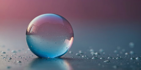 AI Generated. A delicate translucent bubble floats above a reflective surface, with a gradient of warm pink to cool blue tones in the background, evoking a sense of calmの素材