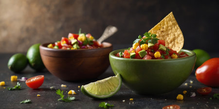 AI Generated. Fresh Mexican salsa with avocado served with corn chipsの素材
