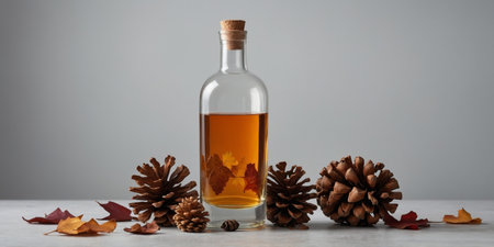 AI Generated. Aesthetic autumn drink composition A bottle with fallen autumn leaves and pine conesの素材