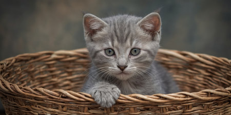 AI Generated. Gray kitten peeking out from a woven basketの素材