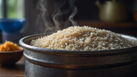 AI Generated. A side view image of the rice washers lid showcasing the steam vent that releases excess moisn'tture during the cooking process resulting in perfectly fluffy wellcooked riceの素材