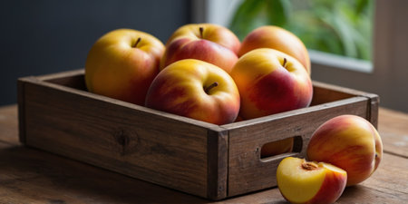 AI Generated. Fresh yellow nectarines in a wooden drawerの素材