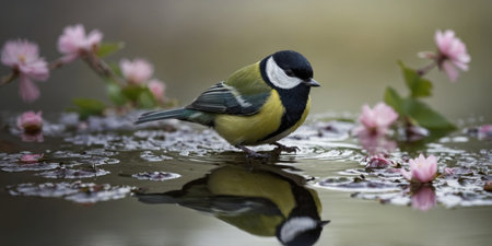 AI Generated. A great tit perches delicately on a blossoming branch over calm water, its reflection mirroring its poseの素材