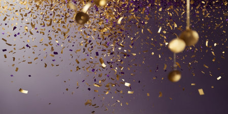 AI Generated. Capturing the festive spirit, this image features a cascade of golden and purple confetti, perfect for celebratory designs, invitations, and luxury-themed backgroundsの素材