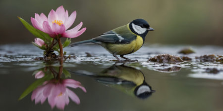 AI Generated. A great tit perches delicately on a blossoming branch over calm water, its reflection mirroring its poseの素材