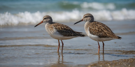 AI Generated. Three shorebirds wading in shallow water along the beachの素材