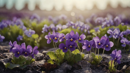 AI Generated. A whimsical watercolor clipart of a field of purple violetsの素材