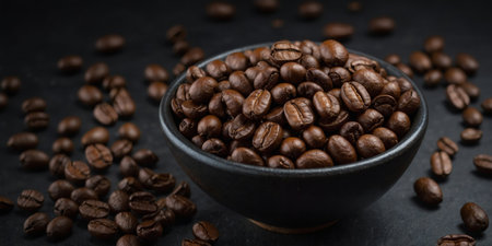 AI Generated. Aerial view of fresh whole coffee beans in a dark bowlの素材
