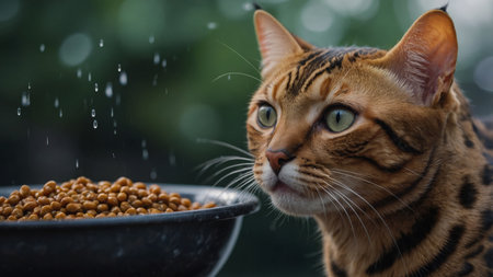 AI Generated. Bengal cat looks at food using wet cat foodの素材