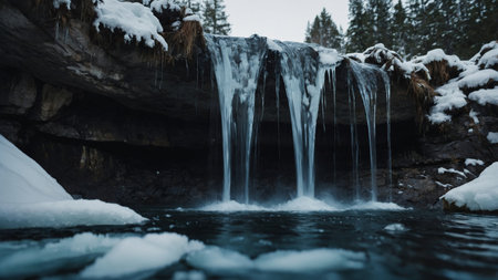 AI Generated. A small waterfall pouring into an ice pool creating a natural & invigorating ice bath experienceの素材