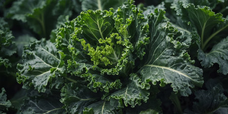 AI Generated. Top view of A close-up of a fresh, green head of curly kaleの素材