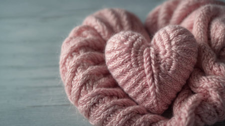 AI Generated. Knitted woolen heart Soft, pastel, pink Concept of love, valentine's day, knittingの素材
