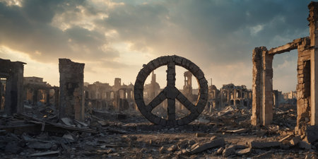 AI Generated. a large peace sign standing amidst the ruins of a destroyed cityの素材