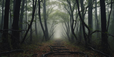 AI Generated. The ominous forest path is lined with twisted t bushes and tangled vines Every step forward feels like a step deeper into the unknown and potentially dangerousの素材