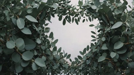 AI Generated. A heart-shaped frame filled using sprigs of eucalyptus their silvery-green leaves providing a softの素材