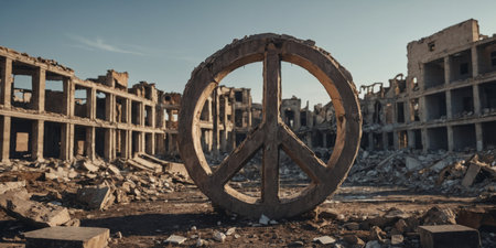 AI Generated. a large peace sign standing amidst the ruins of a destroyed cityの素材