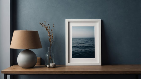 AI Generated. Minimal wooden picture frame mockup on a calm bluegrey wallpaperの素材