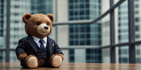 AI Generated. A lovable bear piece clothed in business suits, blending the professionalism of the corporate world with a quirky undertone, perfect for office decor purposesの素材