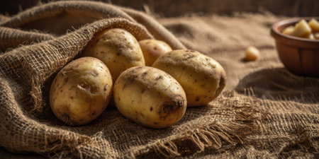 AI Generated. A rustic presentation of raw potatoes on burlap, with sunlight casting warm, earthy tones A natural choice for culinary backgrounds, agricultural themesの素材