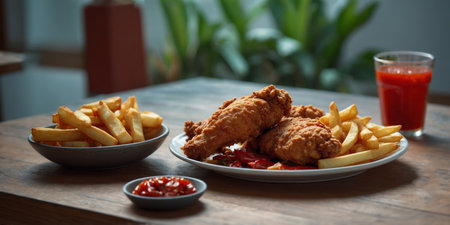 AI Generated. Fried chicken and fries with spicy chili peppers on tableの素材
