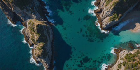 AI Generated. Aerial view of a serene sea inlet with rocky cliffsの素材