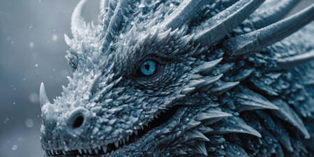 AI Generated. An intense close-up of a frost dragon's face, icy scales glistening, embodying the essence of winter fantasy, an ideal subject for book covers and mystical themesの素材