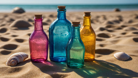 AI Generated. Colorful bottles with cold drinks and seashells on sandy background Shadows with shiny colorized reflections Aesthetic abstract design idea Sunny beach day conceptの素材