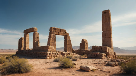 AI Generated. Ancient stone ruins in an arid landscape, evoking historical significance and the endurance of past civilizations, perfect for educational and cultural exploration themesの素材