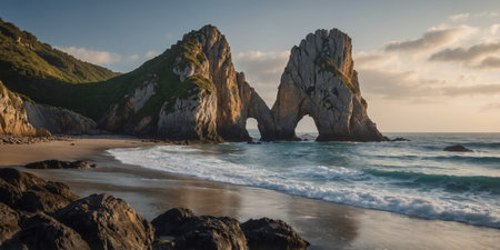 AI Generated. Majestic rock formations at Asturias scenic coastの素材