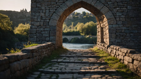 AI Generated. A stone bridge leading to a castle its arches adorned with subtle solar lights that enhance the medieval atmosphereの素材