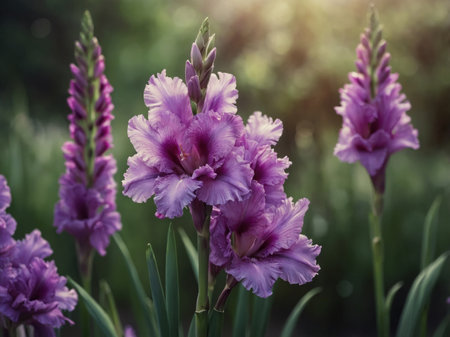 AI Generated. A dynamic watercolor background with vertical stems of purple gladiolus in bloomの素材