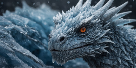 AI Generated. An intense close-up of a frost dragon's face, icy scales glistening, embodying the essence of winter fantasy, an ideal subject for book covers and mystical themesの素材