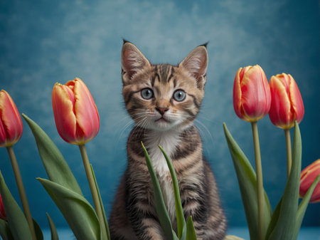 AI Generated. Cute kitten cat with a bouquet of tulips on a blue backgroundの素材