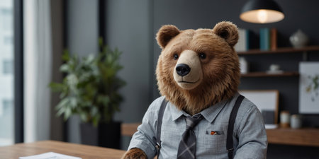 AI Generated. A cute bear representation in formal work attire, intertwining professional elegance with a dash of fun, ideal for office interior designの素材