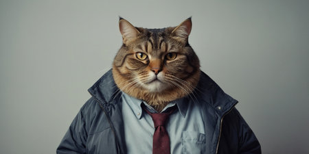 AI Generated. Big fat anthropomorphic cat with huge belly posing in a jacket unhealthy eating, diet backgroundの素材