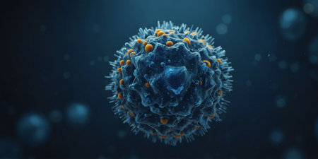 AI Generated. A close up of a cell with a blue nucleusの素材