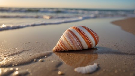 AI Generated. Striped seashell on wet sand by ocean shoreの素材