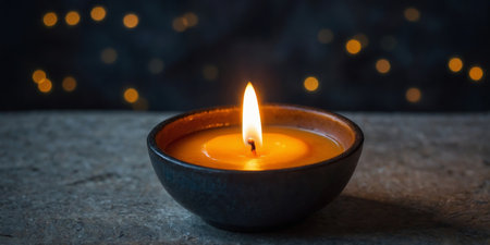 AI Generated. A candle is lit in a small bowl on a stone ledgeの素材