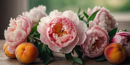 AI Generated. a bouquet of beautiful freshly cut peonies on the table and ripe apricotsの素材