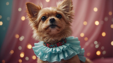 AI Generated. A small dog wearing a dress with a ruffled collarの素材