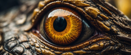AI Generated. An close up of a dragon's eye with a dark brown iris and a yellow pupilの素材