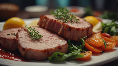 AI Generated. Deliciously Prepared Sliced Meat Dish Served With Fresh Greens and Saucesの素材